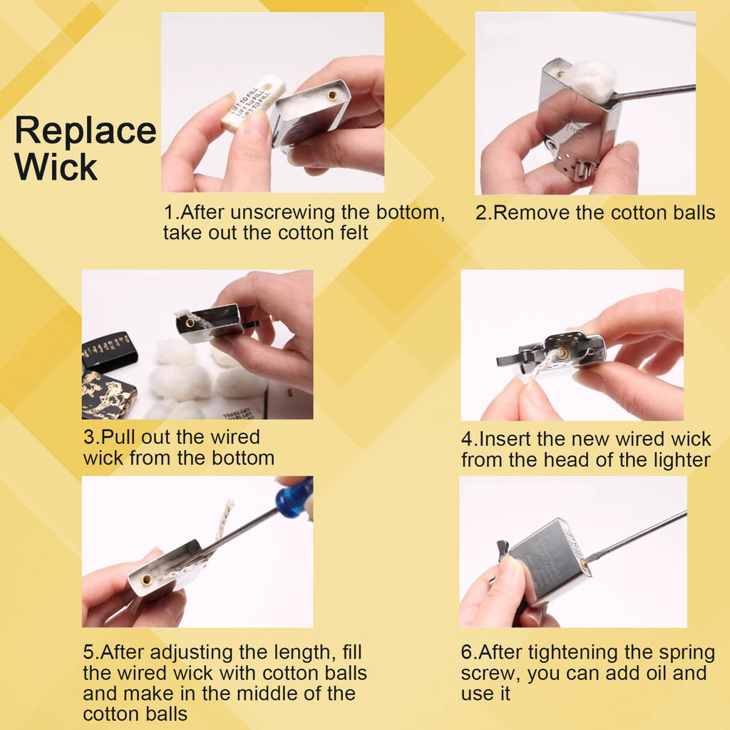 Universal Lighter Repair Kit for Petrol Lighter Flint Stones, Cotton Wick, Flint Spring Rubber Gaskets, Flint Striker Wheel, Felt Pad Wadding Cotton