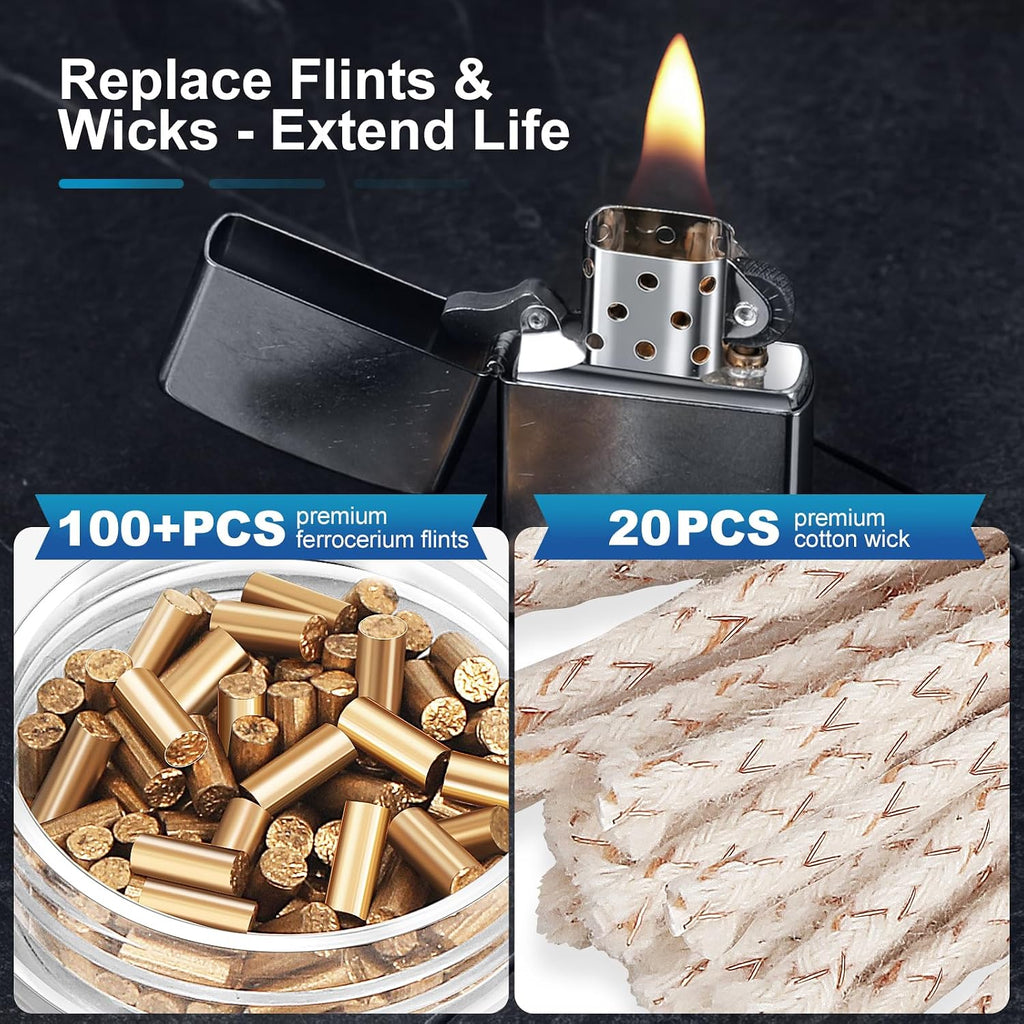 100 Flints & 20 Wicks Repair Kit, Compatible with Zippo Clipper