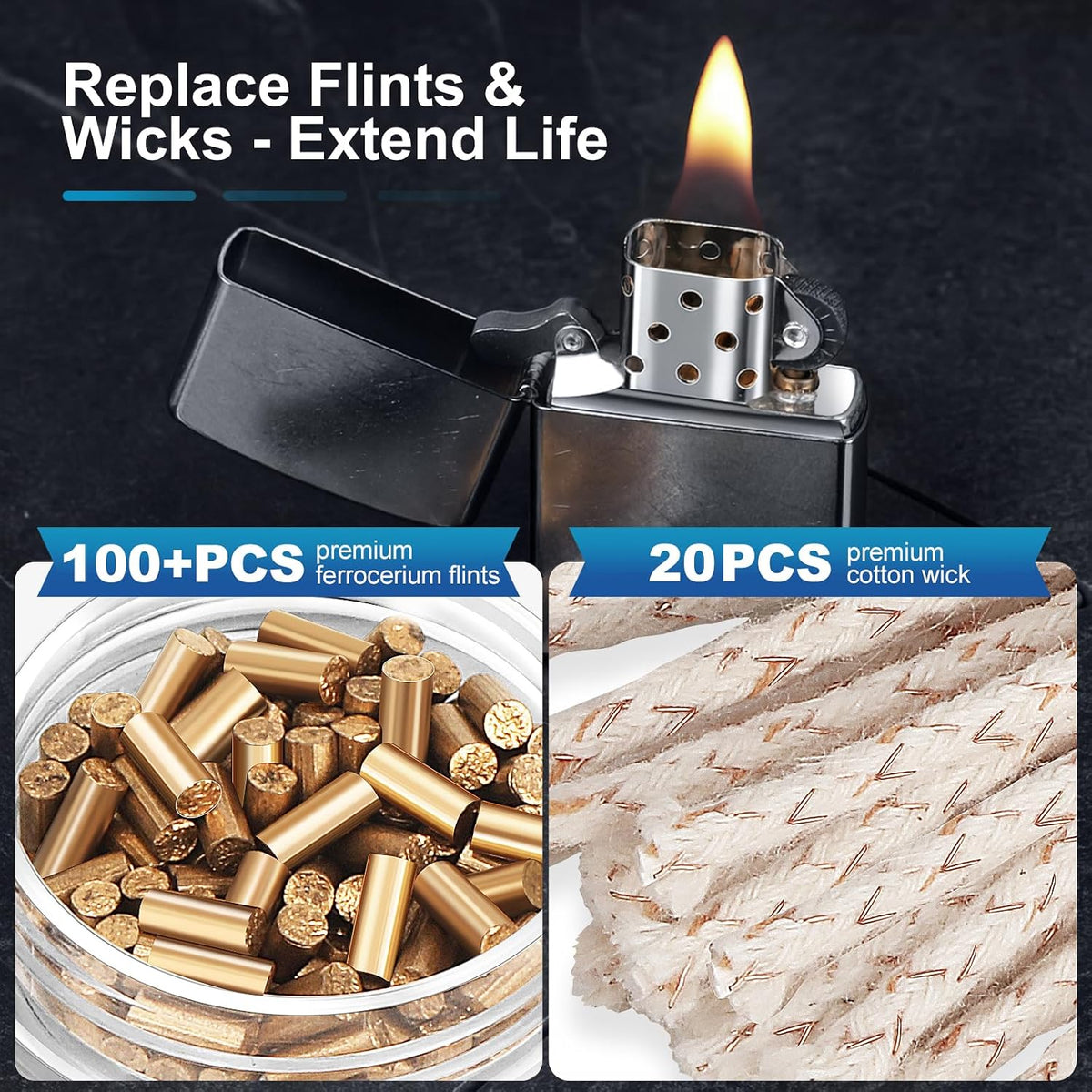 100 Flints & 20 Wicks Repair Kit, Compatible with Zippo Clipper