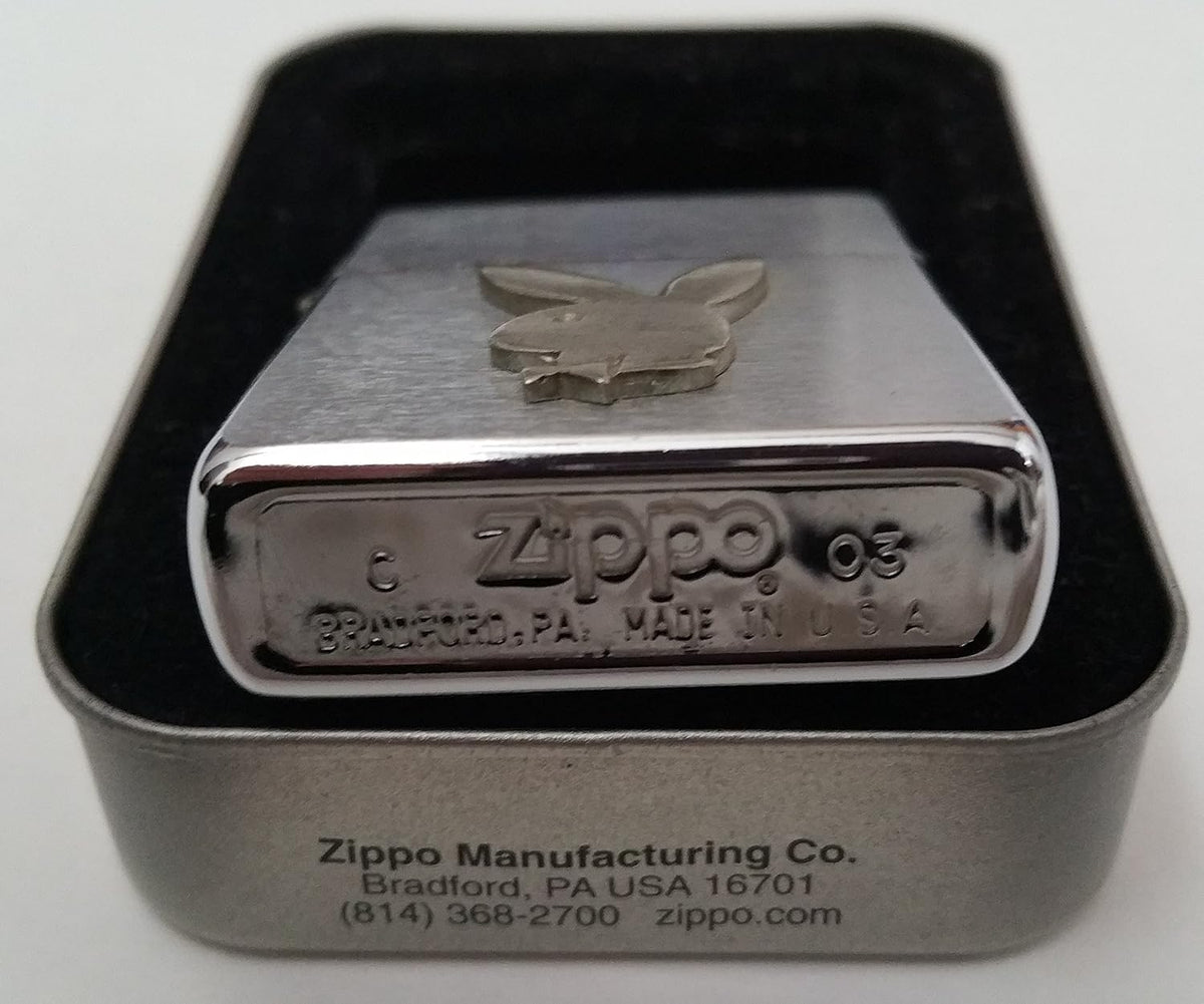 Zippo Lighter Playboy Bunny Head Pewter Logo Brushed Chrome Finish 2003